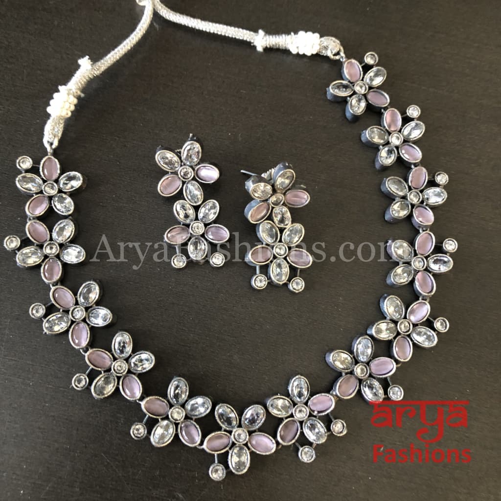 Naisa Designer Oxidized Silver Statement Necklace with colored stones