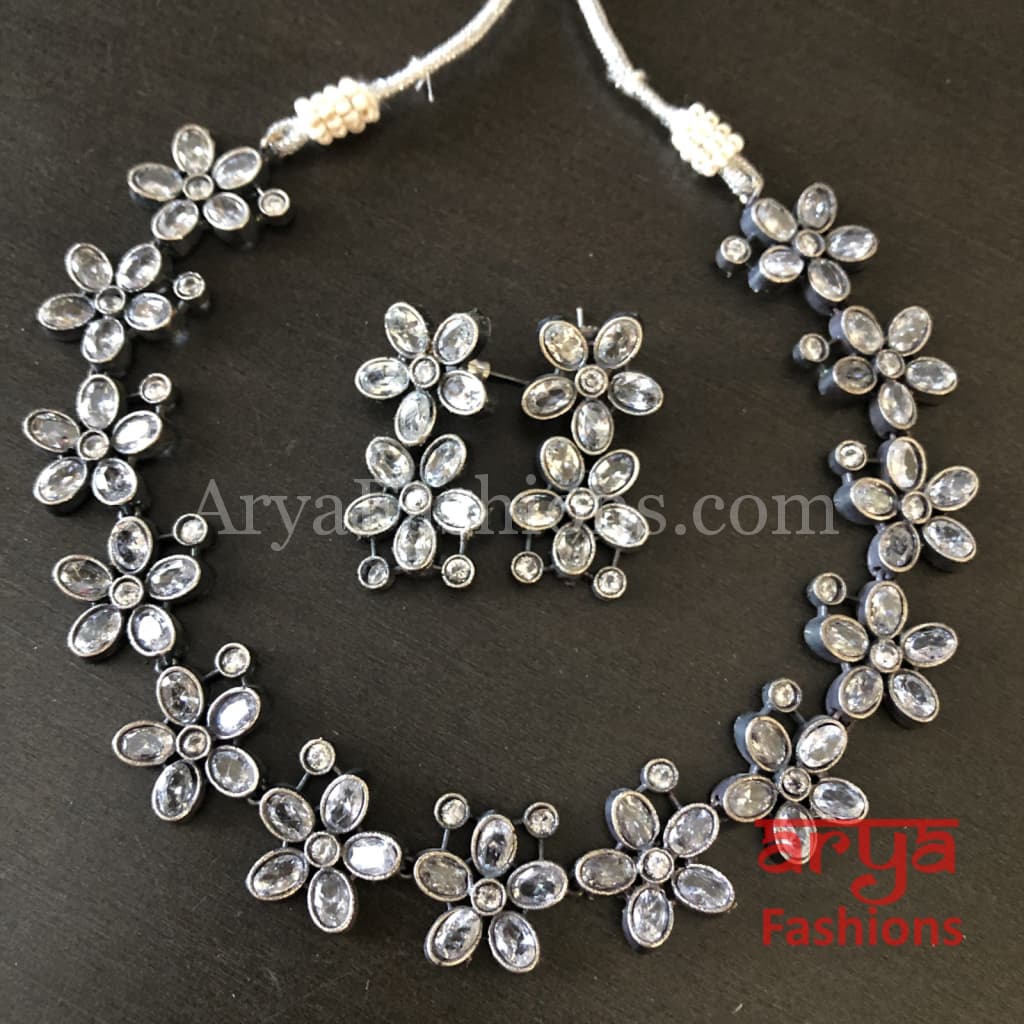 Naisa Designer Oxidized Silver Statement Necklace with colored stones