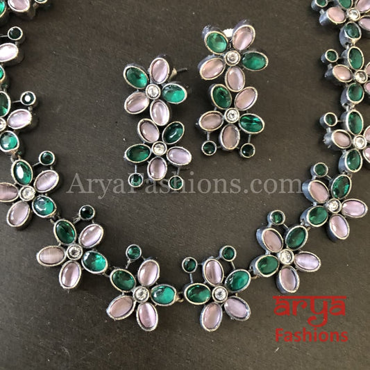 Naisa Designer Oxidized Silver Statement Necklace with colored stones