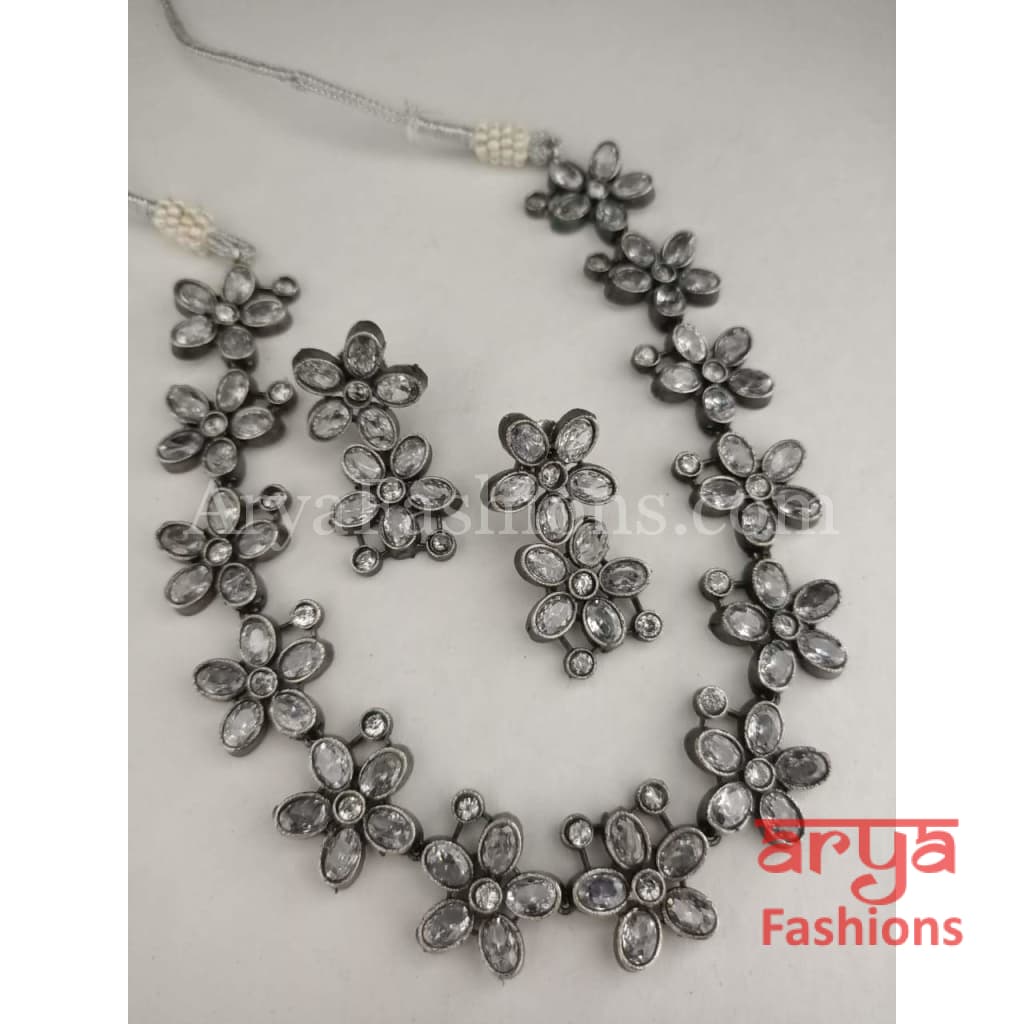Naisa Designer Oxidized Silver Statement Necklace with colored stones