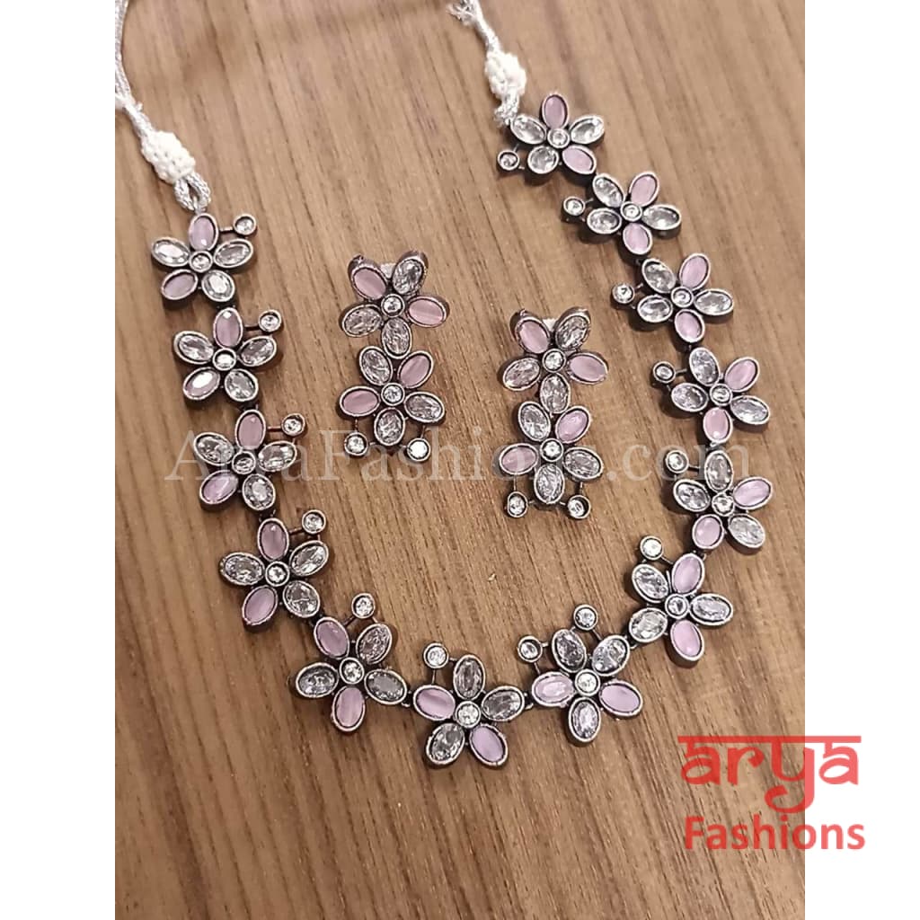 Naisa Designer Oxidized Silver Statement Necklace with colored stones