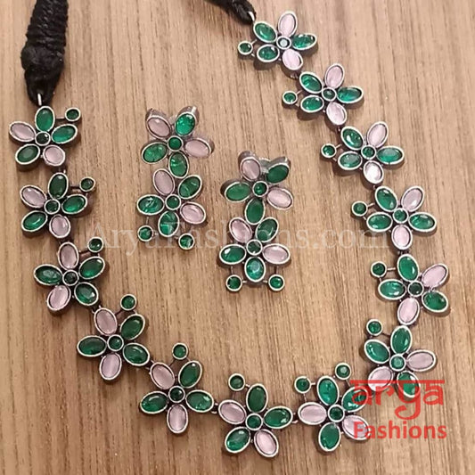 Naisa Designer Oxidized Silver Statement Necklace with colored stones