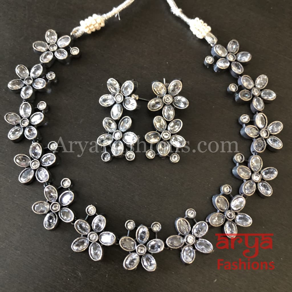 Naisa Designer Oxidized Silver Statement Necklace with colored stones