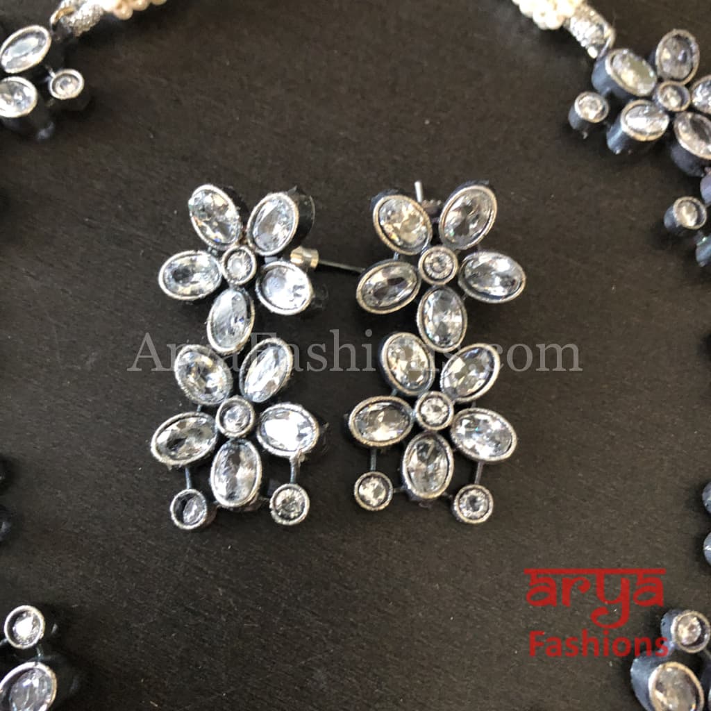 Naisa Designer Oxidized Silver Statement Necklace with colored stones
