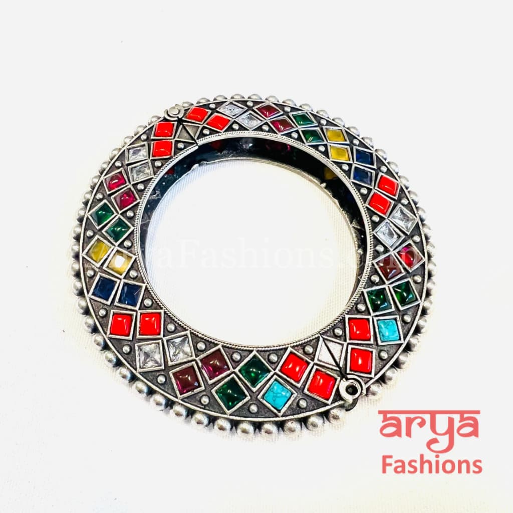 Navratan Gokhru style Ethnic Silver Oxidized Bracelets/ Size 2.4 2.6