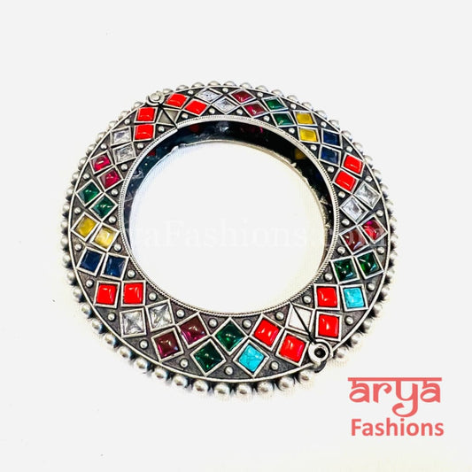 Navratan Gokhru style Ethnic Silver Oxidized Bracelets/ Size 2.4 2.6