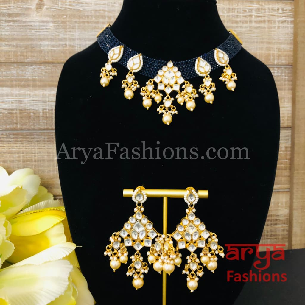 Navy Blue beads Choker Pacchi Kundan