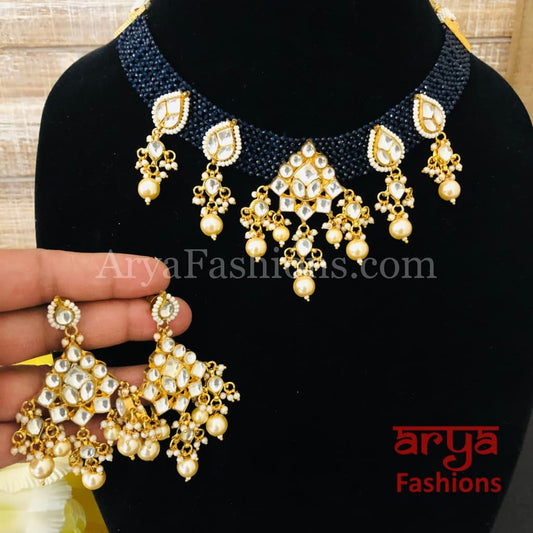 Navy Blue beads Choker Pacchi Kundan