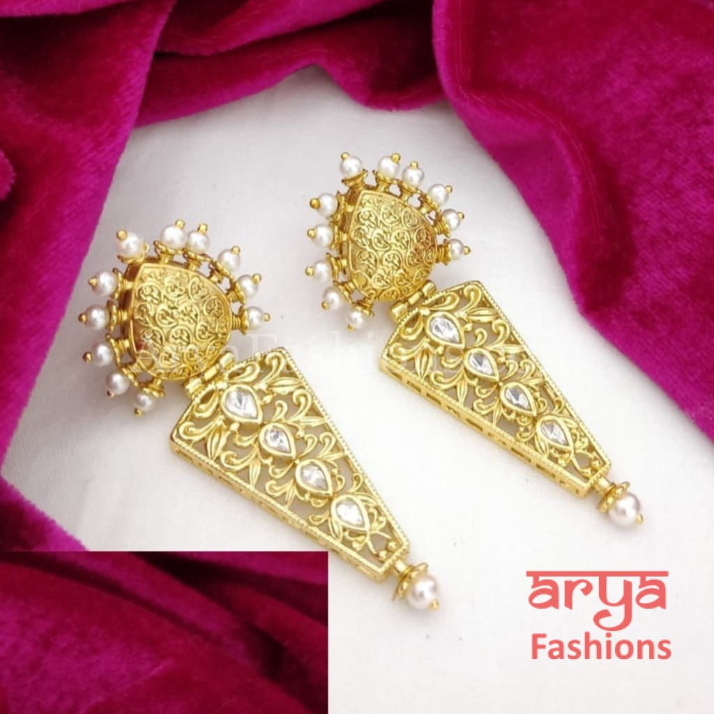 Nimi Golden Indo-Western Ethnic Kundan Earrings with Pearl