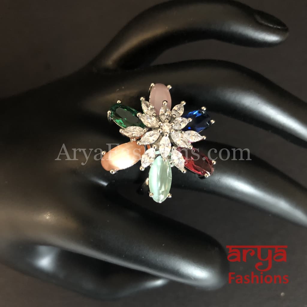 Nisha Cubic Zirconia Statement Silver Cocktail Ring