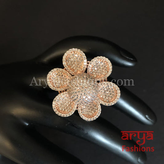 Numi CZ Flower Cocktail Adjustable Ring Rose Gold Silver Pink Statement