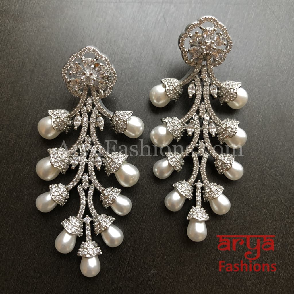 Numi Shiny Pearl Stem Cubic Zirconia Fashion Earrings