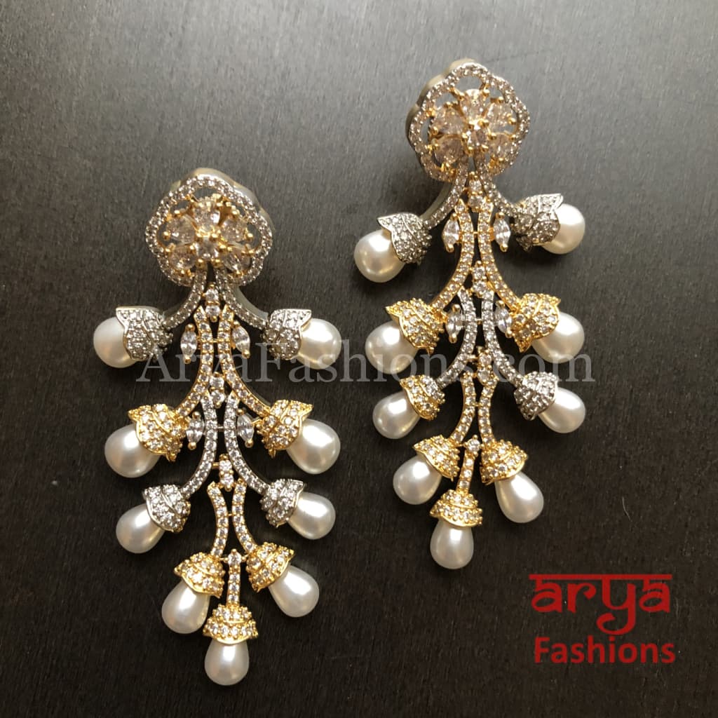 Numi Shiny Pearl Stem Cubic Zirconia Fashion Earrings