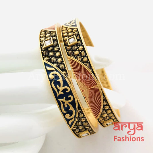 Orange Black Meenakari Golden Kundan Kada Bangles Designer Ethnic Jewelry Pair