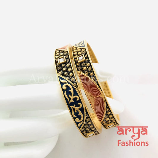 Orange Black Meenakari Golden Kundan Kada Bangles Designer Ethnic Jewelry Pair