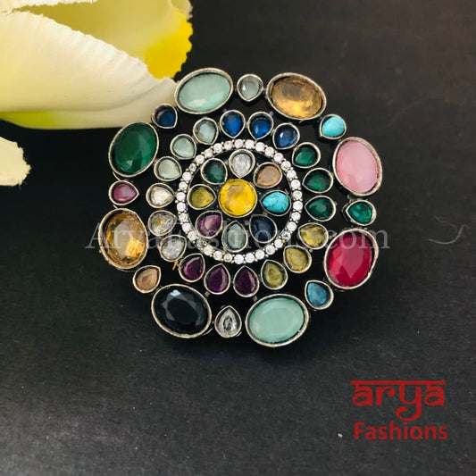 Oxidized Silver Ethnic Adjustable Ring/ Colorful Statement Ring