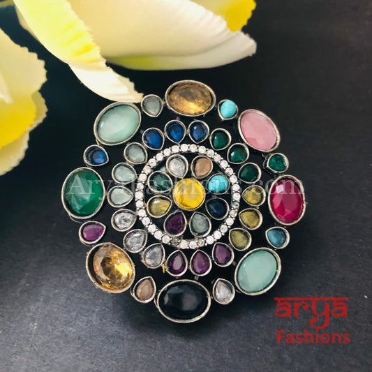 Oxidized Silver Ethnic Adjustable Ring/ Colorful Statement Ring