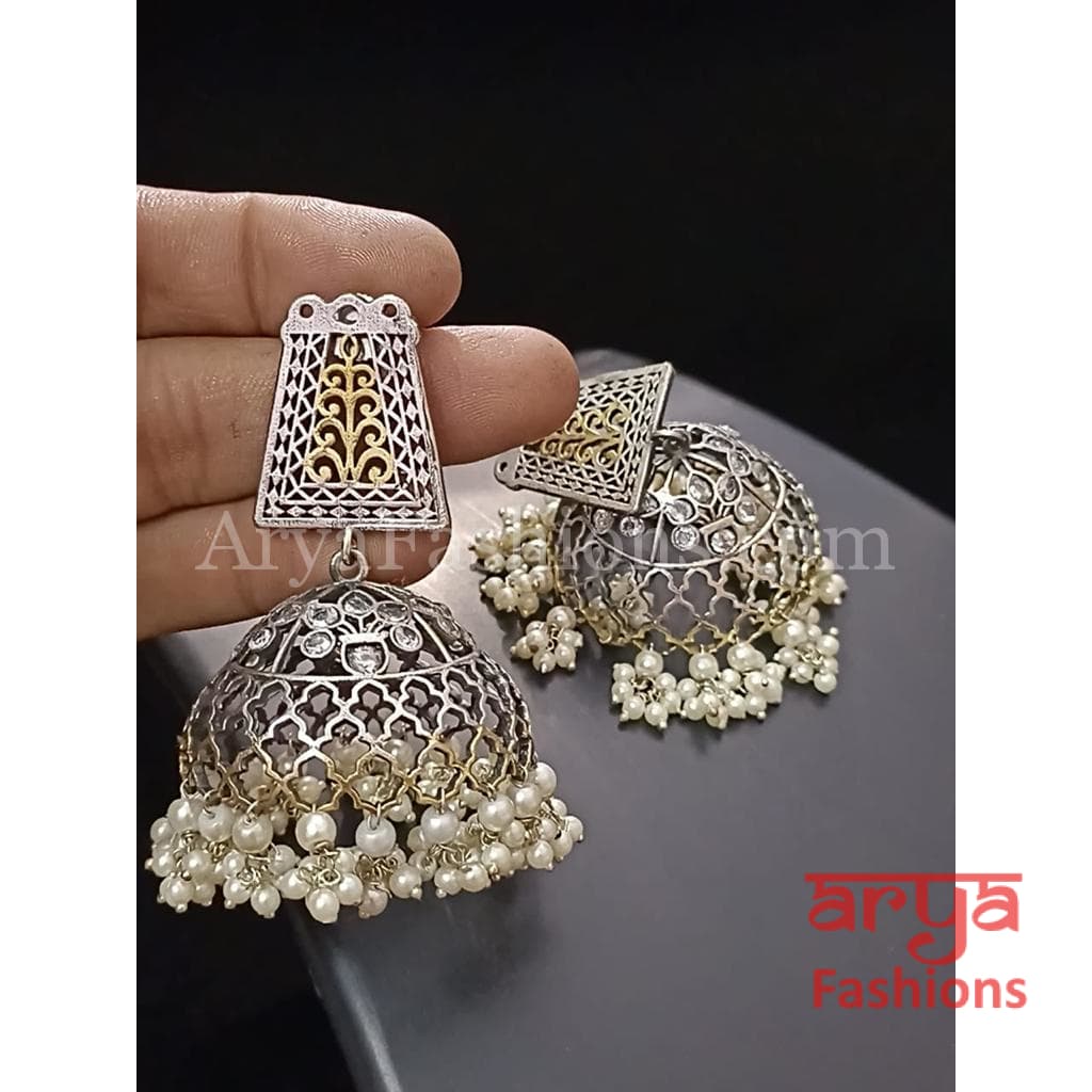 Oxidized Silver Tribal Earrings/Ethnic Jhumka/German Jhumka with Pearl Drops