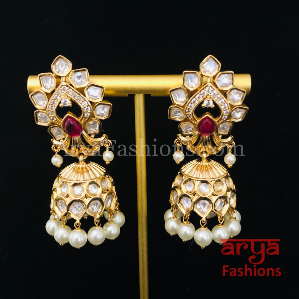 Pacchi Kundan Jhumka Earrings/ Emerald Green Ruby Earrings