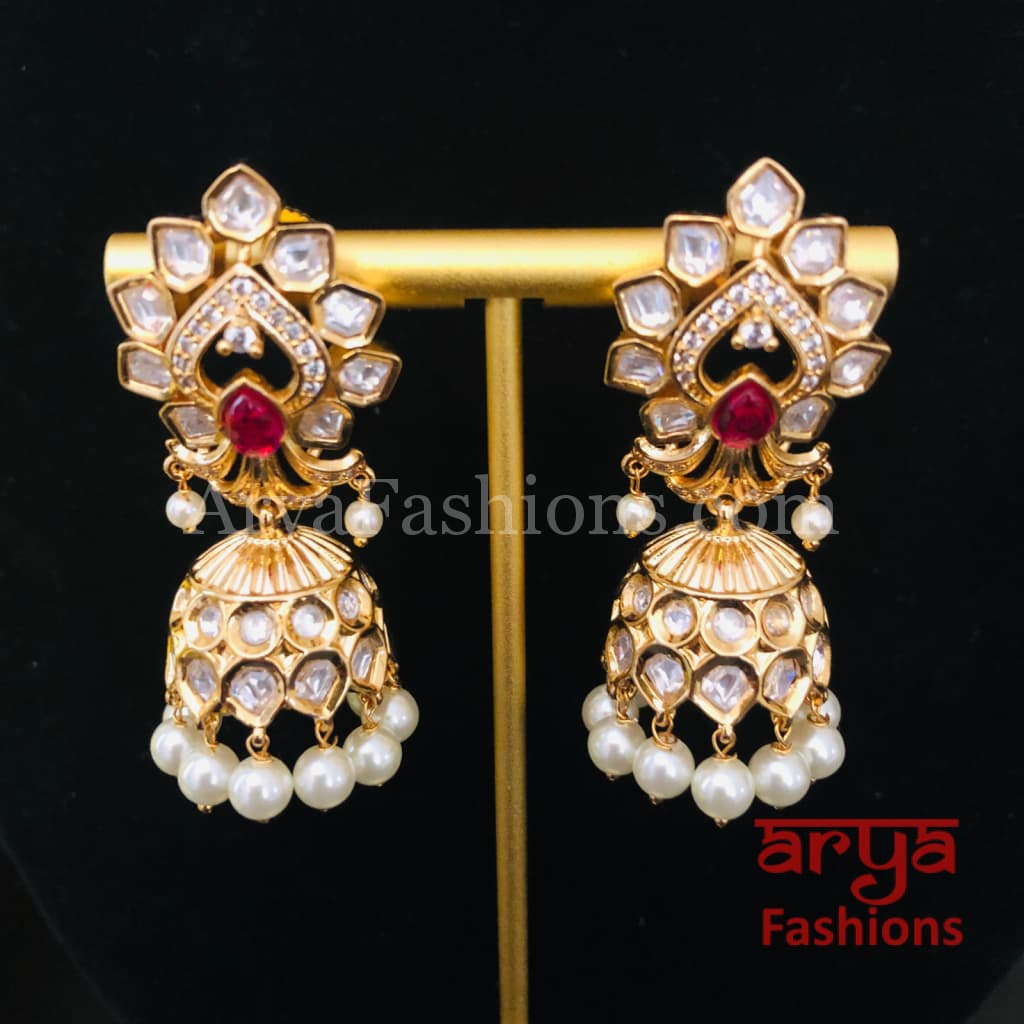 Pacchi Kundan Jhumka Earrings/ Emerald Green Ruby Earrings