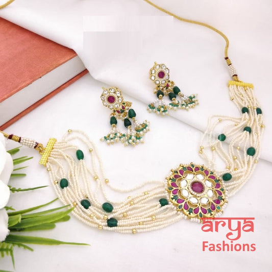 Pachi Kundan Choker/ Multi Strand fine Pearl bead Ruby Emerald Sabyasachi Royal