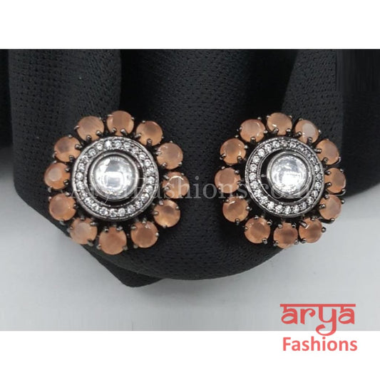 Peach Stone Victorian Stud Earrings in Black Finish