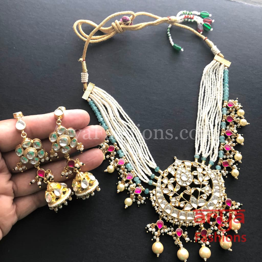 Pearl Choker with Blue Beads/ Ruby Emerald Kundan