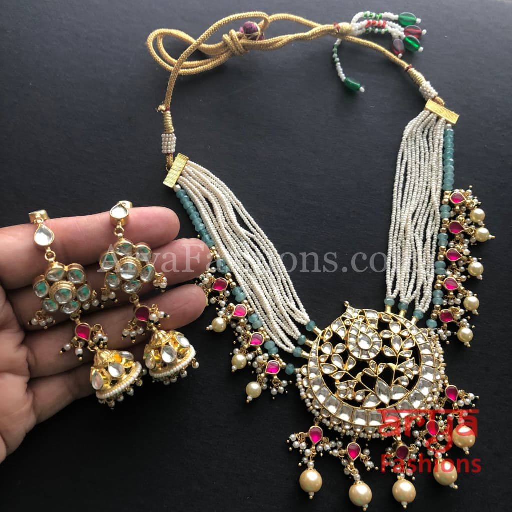 Pearl Choker with Blue Beads/ Ruby Emerald Kundan