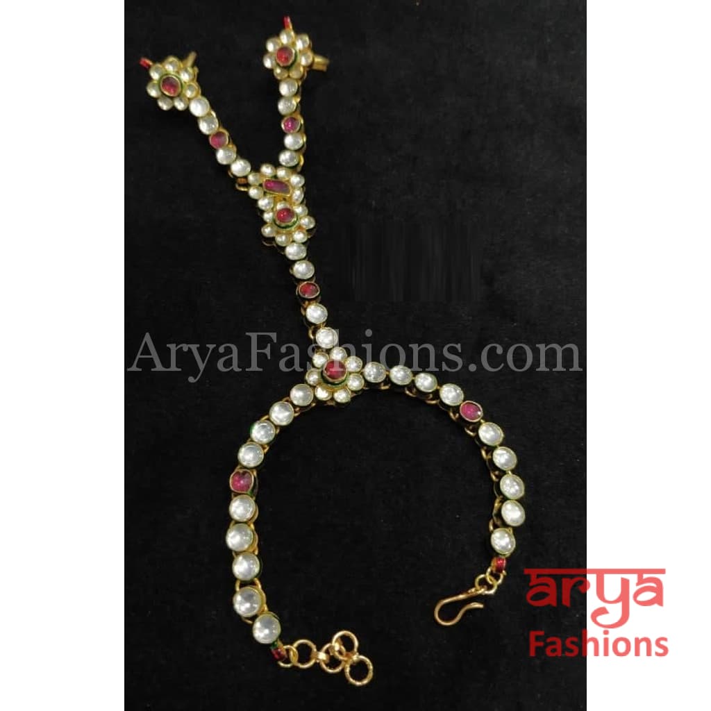 Pearls and Kundan Golden Hathphool with Meenakari Ruby Stones