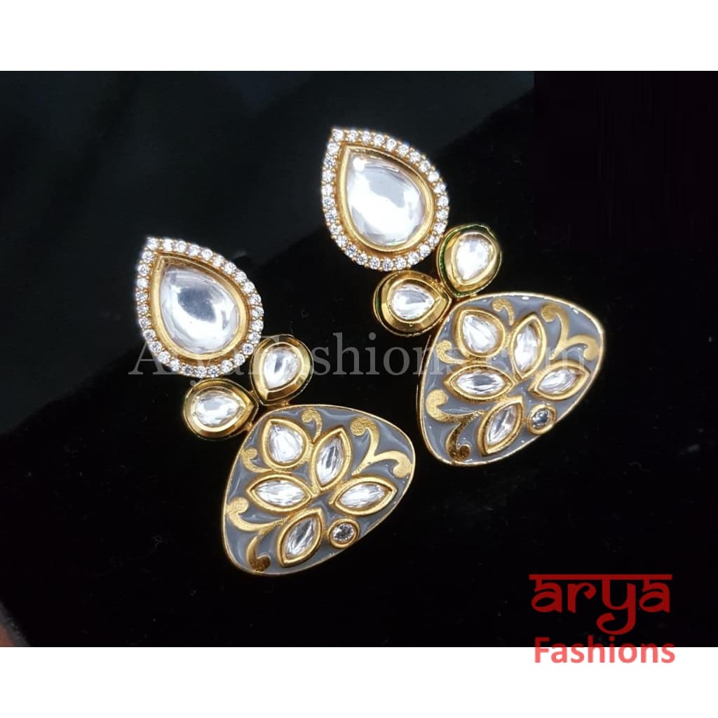 Pink Blue Meenakari Studs with Kundan and Cubic Zirconia