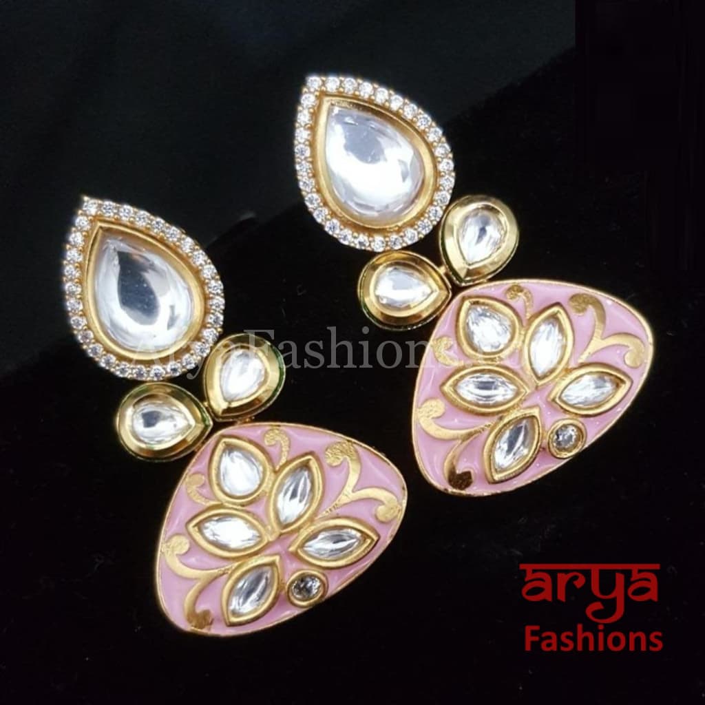 Pink Blue Meenakari Studs with Kundan and Cubic Zirconia