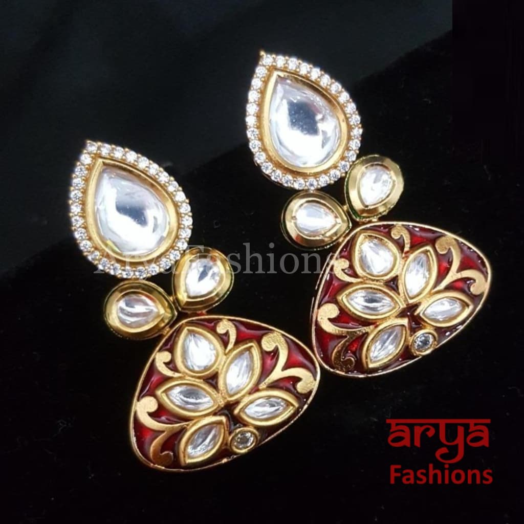 Pink Blue Meenakari Studs with Kundan and Cubic Zirconia