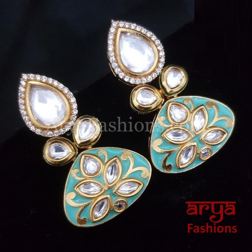 Pink Blue Meenakari Studs with Kundan and Cubic Zirconia