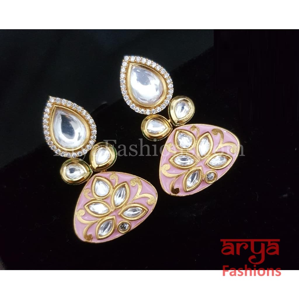 Pink Blue Meenakari Studs with Kundan and Cubic Zirconia
