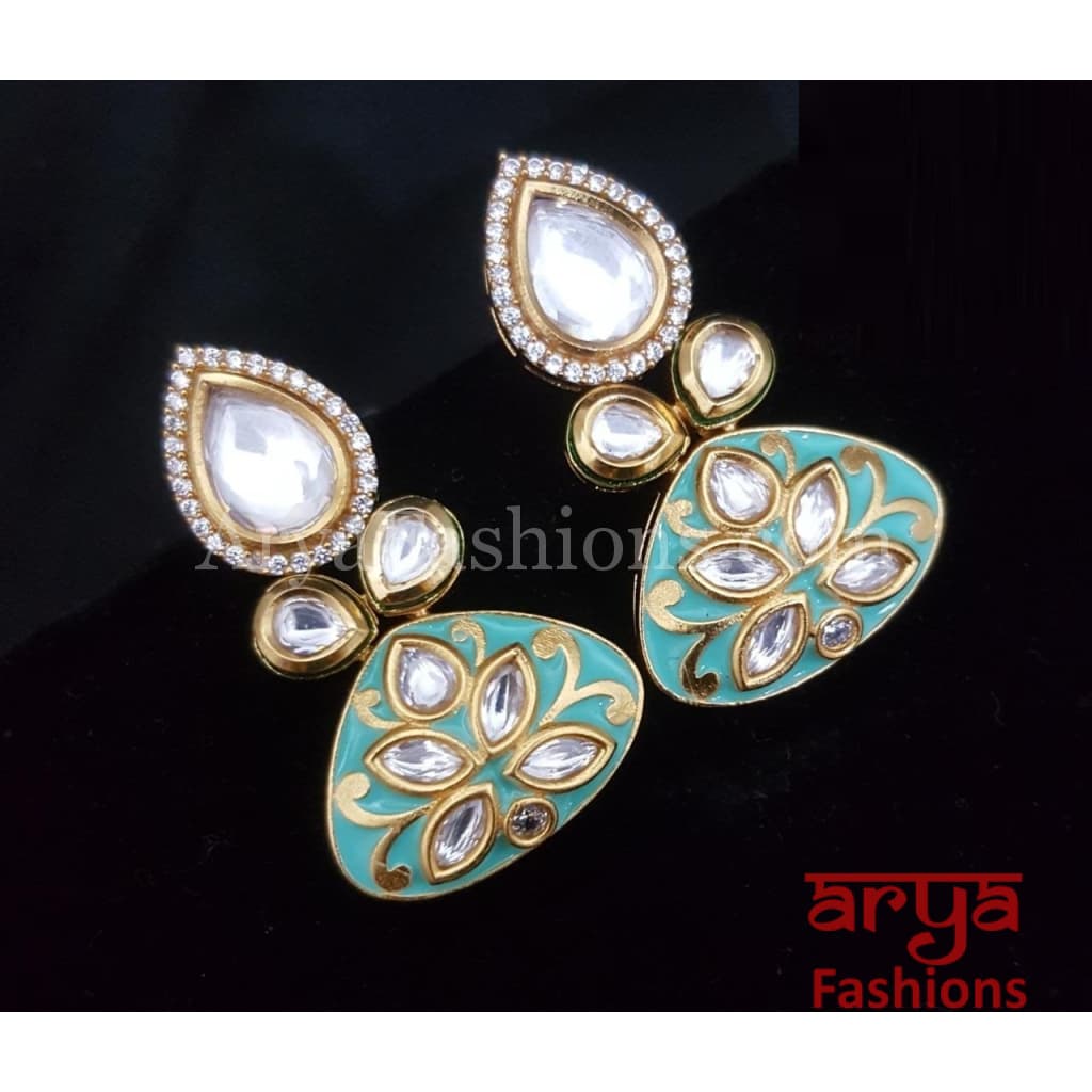 Pink Blue Meenakari Studs with Kundan and Cubic Zirconia