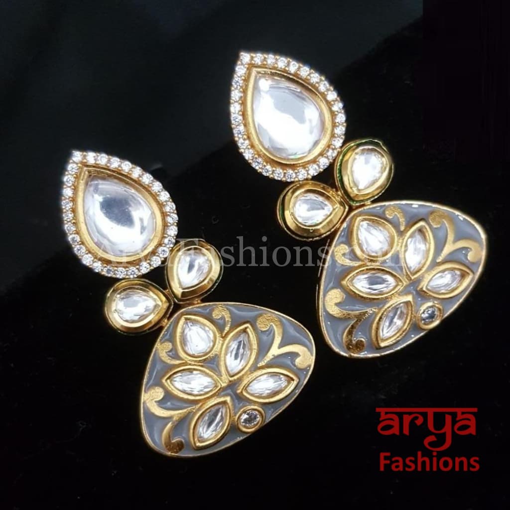 Pink Blue Meenakari Studs with Kundan and Cubic Zirconia