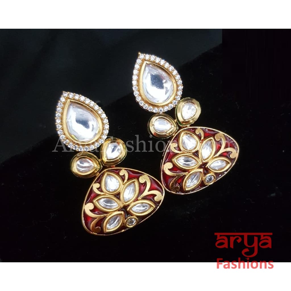 Pink Blue Meenakari Studs with Kundan and Cubic Zirconia