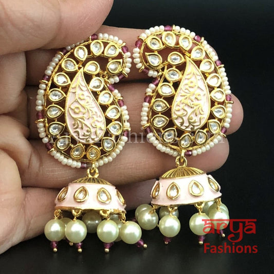 Pink Golden Meenakari Jhumka Earrings