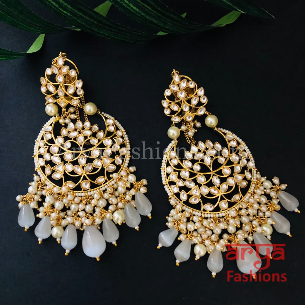 Pink Kundan Chandbali/ Gray Bridal Pacchi Pearl Chandbali