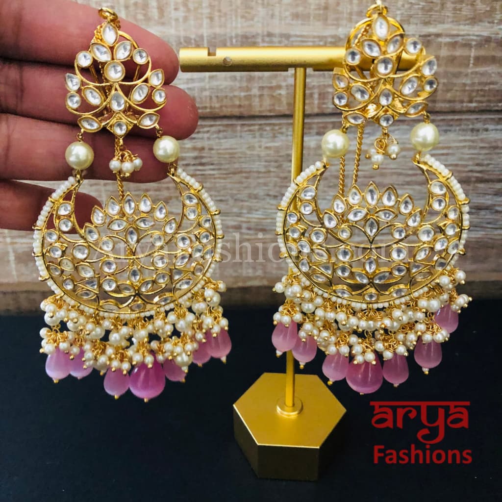 Pink Kundan Chandbali/ Gray Bridal Pacchi Pearl Chandbali