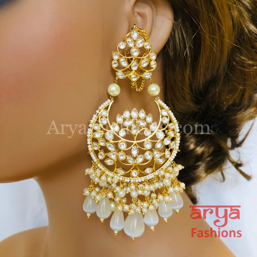 Pink Kundan Chandbali/ Gray Bridal Pacchi Pearl Chandbali