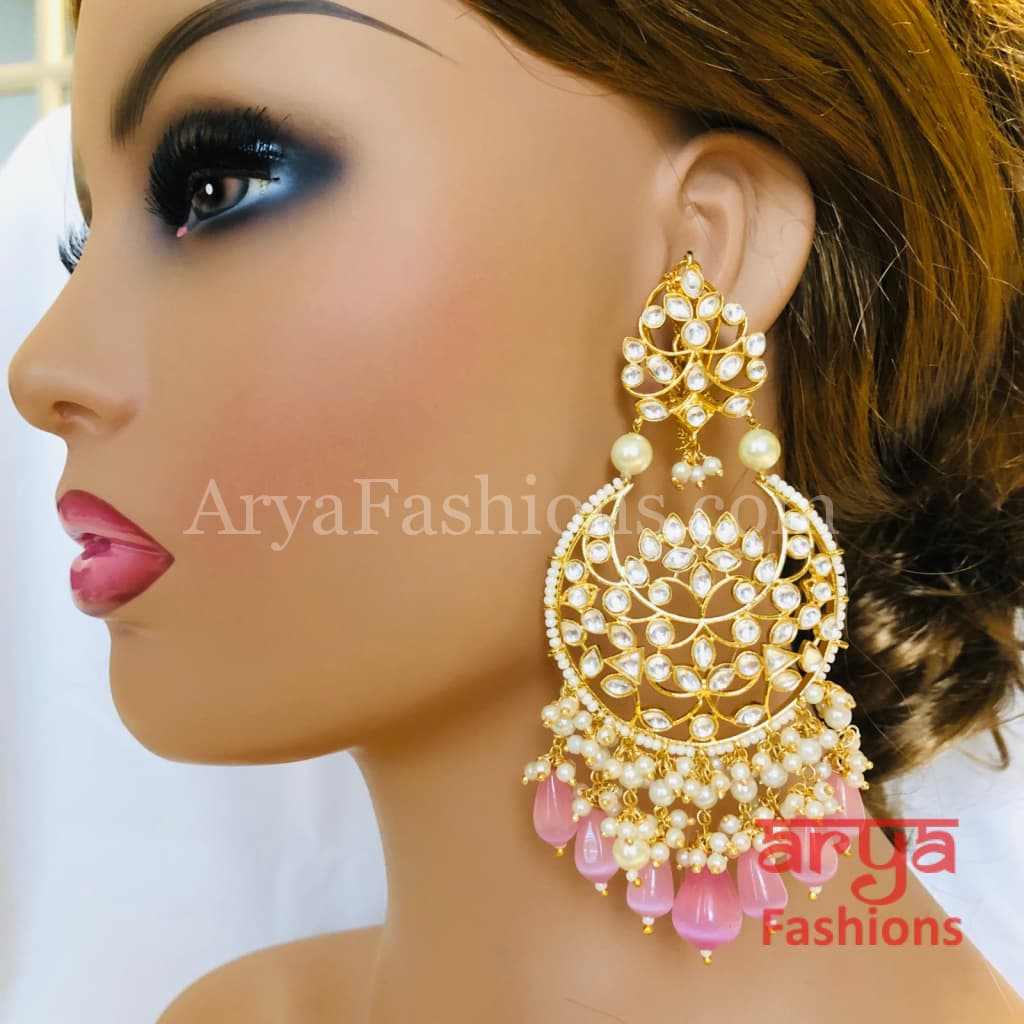 Pink Kundan Chandbali/ Gray Bridal Pacchi Pearl Chandbali