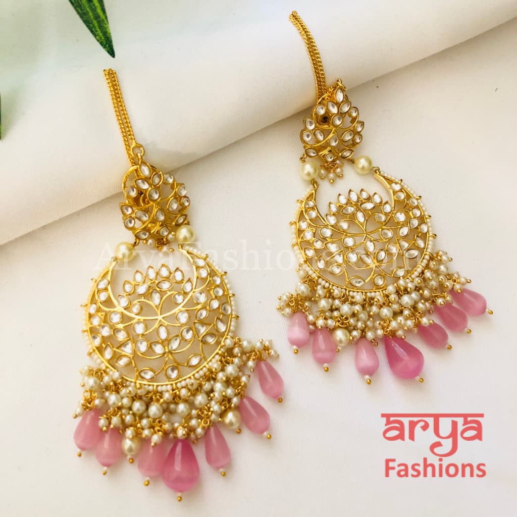 Pink Kundan Chandbali/ Gray Bridal Pacchi Pearl Chandbali