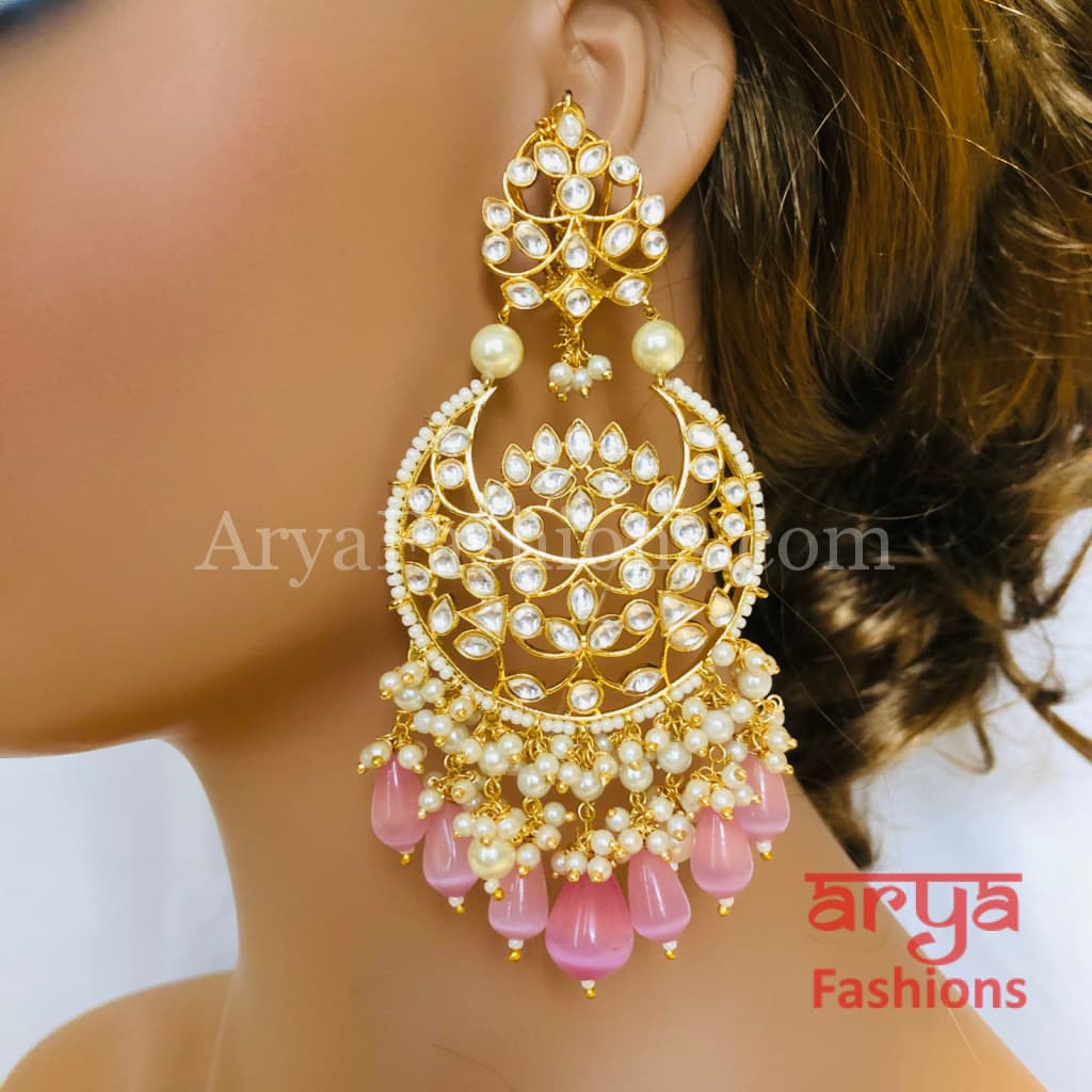 Pink Kundan Chandbali/ Gray Bridal Pacchi Pearl Chandbali