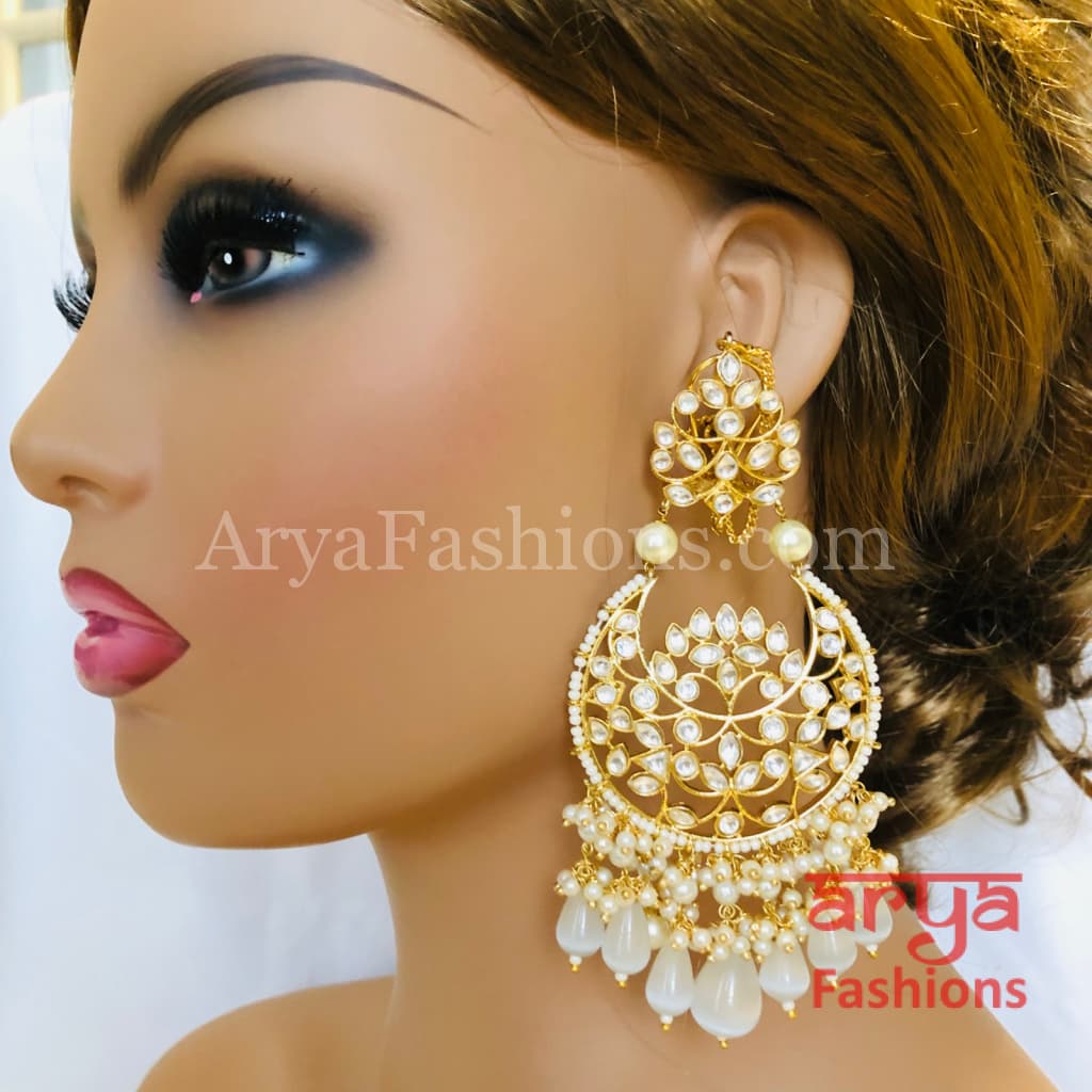 Pink Kundan Chandbali/ Gray Bridal Pacchi Pearl Chandbali