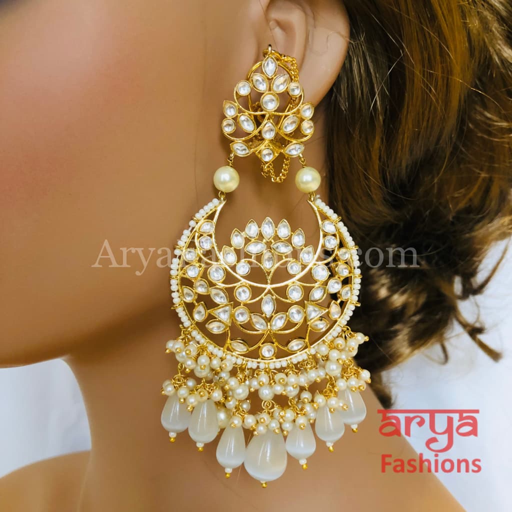 Pink Kundan Chandbali/ Gray Bridal Pacchi Pearl Chandbali