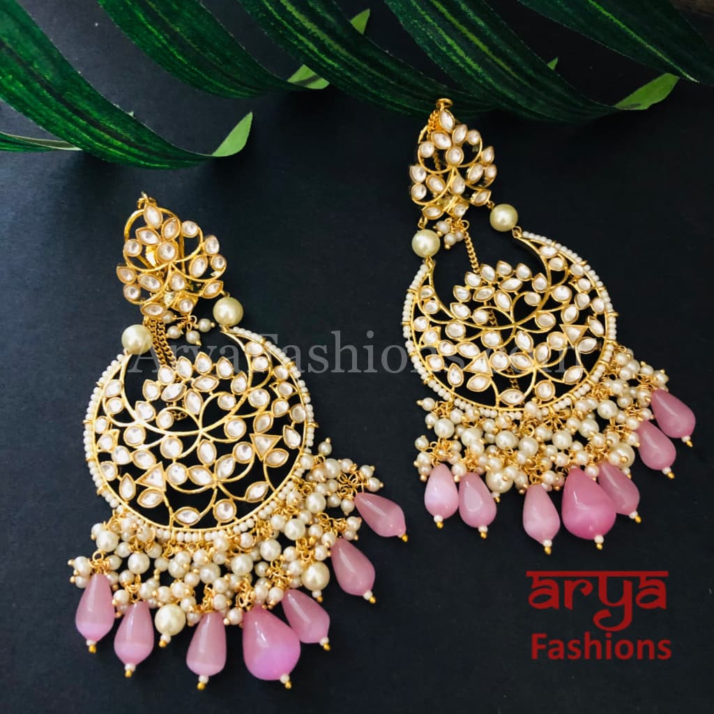 Pink Kundan Chandbali/ Gray Bridal Pacchi Pearl Chandbali