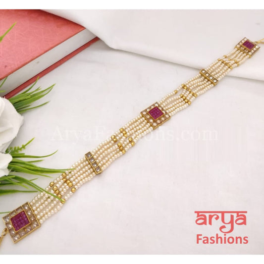 Pink Kundan Pearl Sheeshphool/ Rajwadi Bridal Mathapatti
