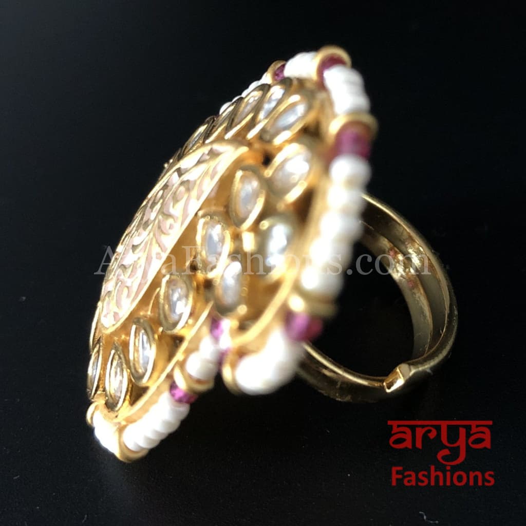 Pink Meenakari Pearl Golden Sabyasachi Statement Ring