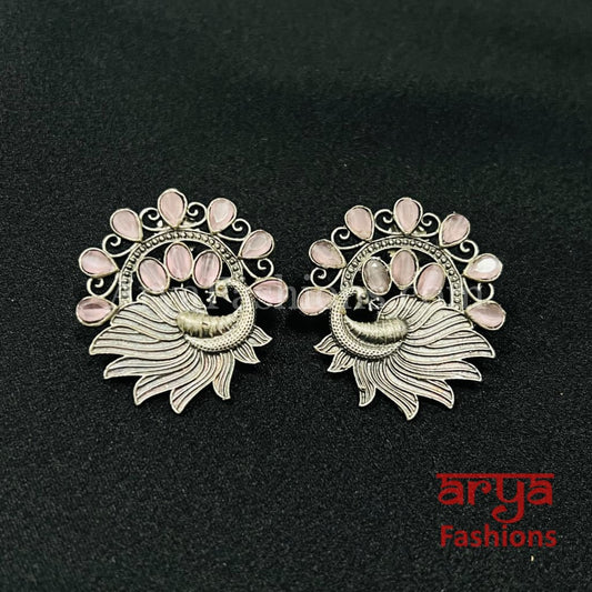 Pink Mint Green Oxidized Silver Tribal Studs